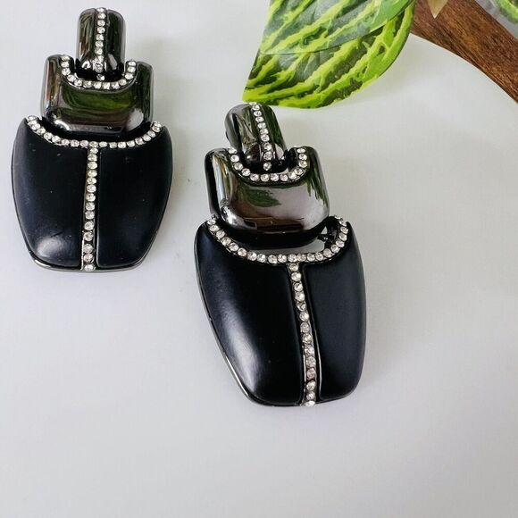 Kara Ross Black Label by Chico’s Huge Black Gunmetal Crystals Clip On Earrings - Picture 5 of 9